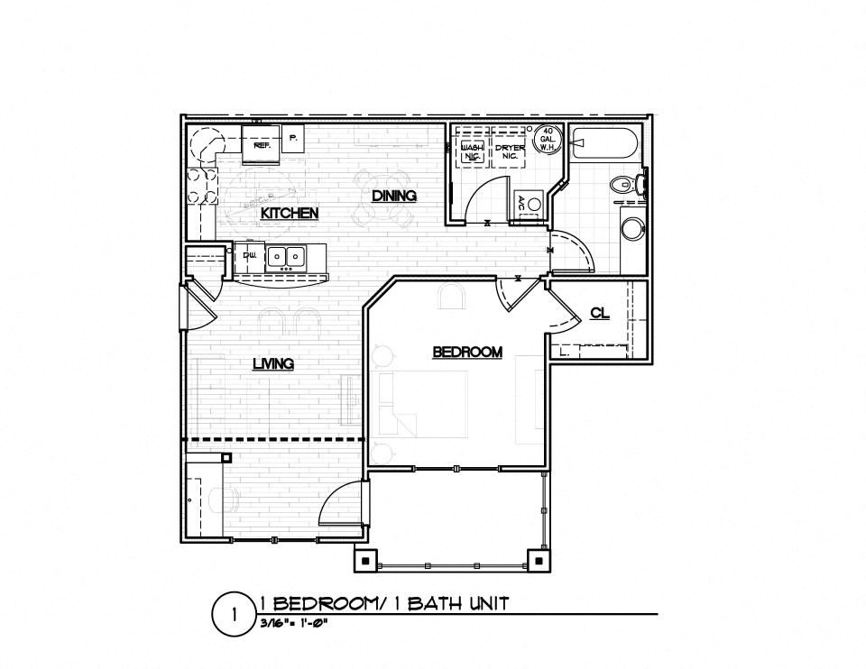 Floor plan for 1 bed, 1 bath, 770 sqft
